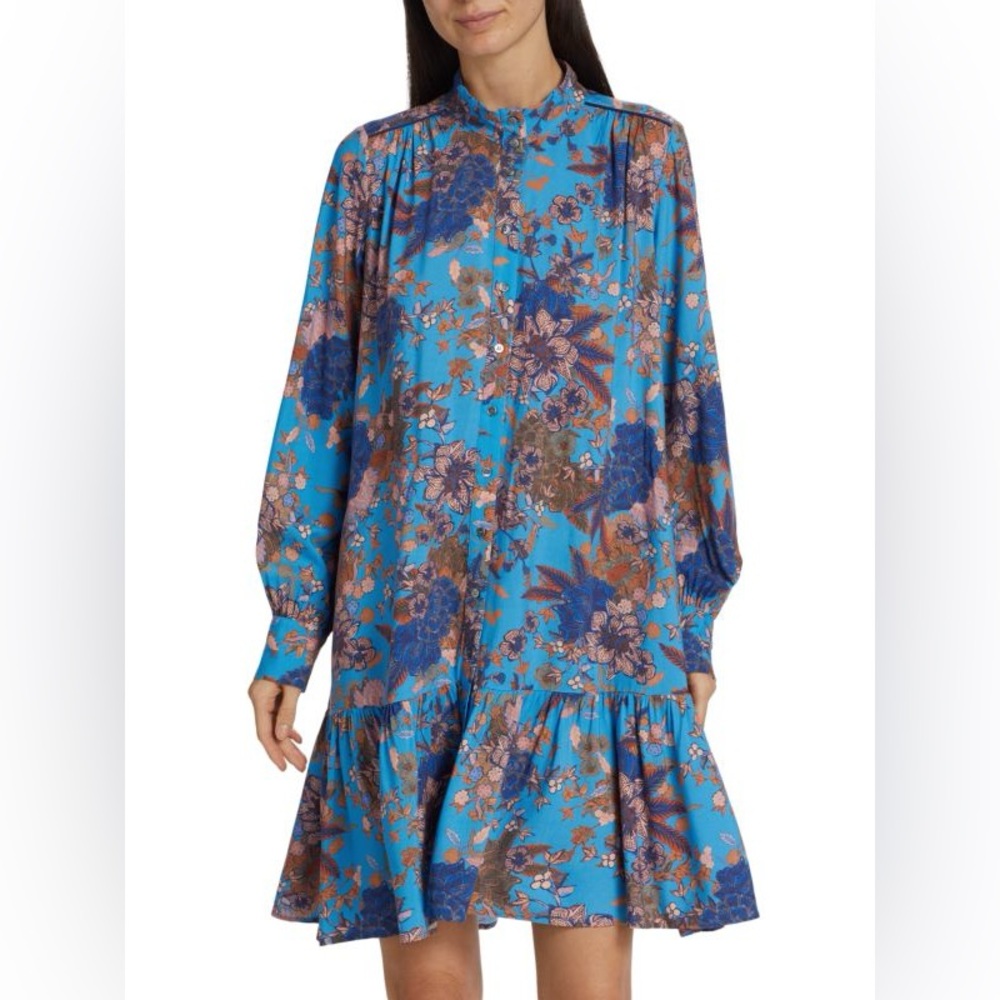 XIRENA Anastasia Floral Shirt Dress Button Front Long Sleeve Ruffle Size Small‎